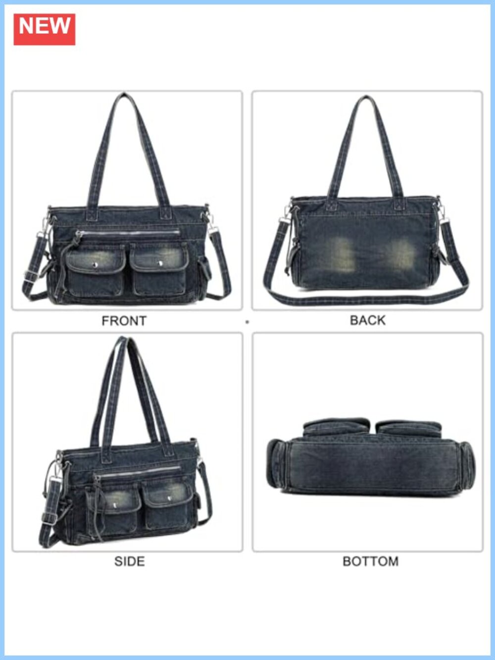 New Washed Denim Messenger Bag for Women Cute Jean Purse Handbag with Straps - Picture 3 of 6